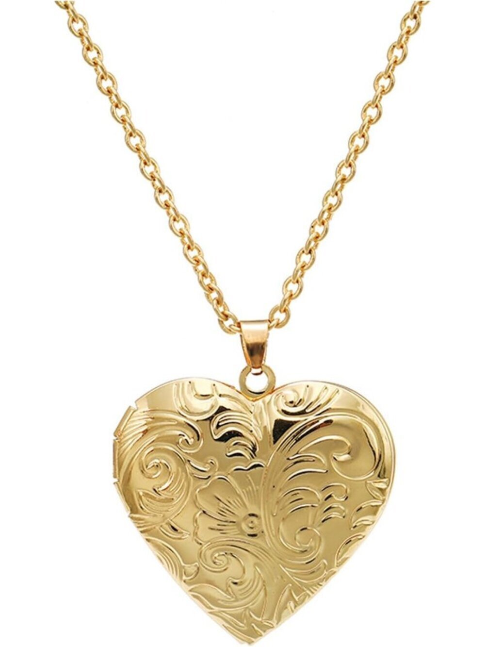 Women's gold heart Antique Empaistic Carved Engraved Flower Pattern Necklace